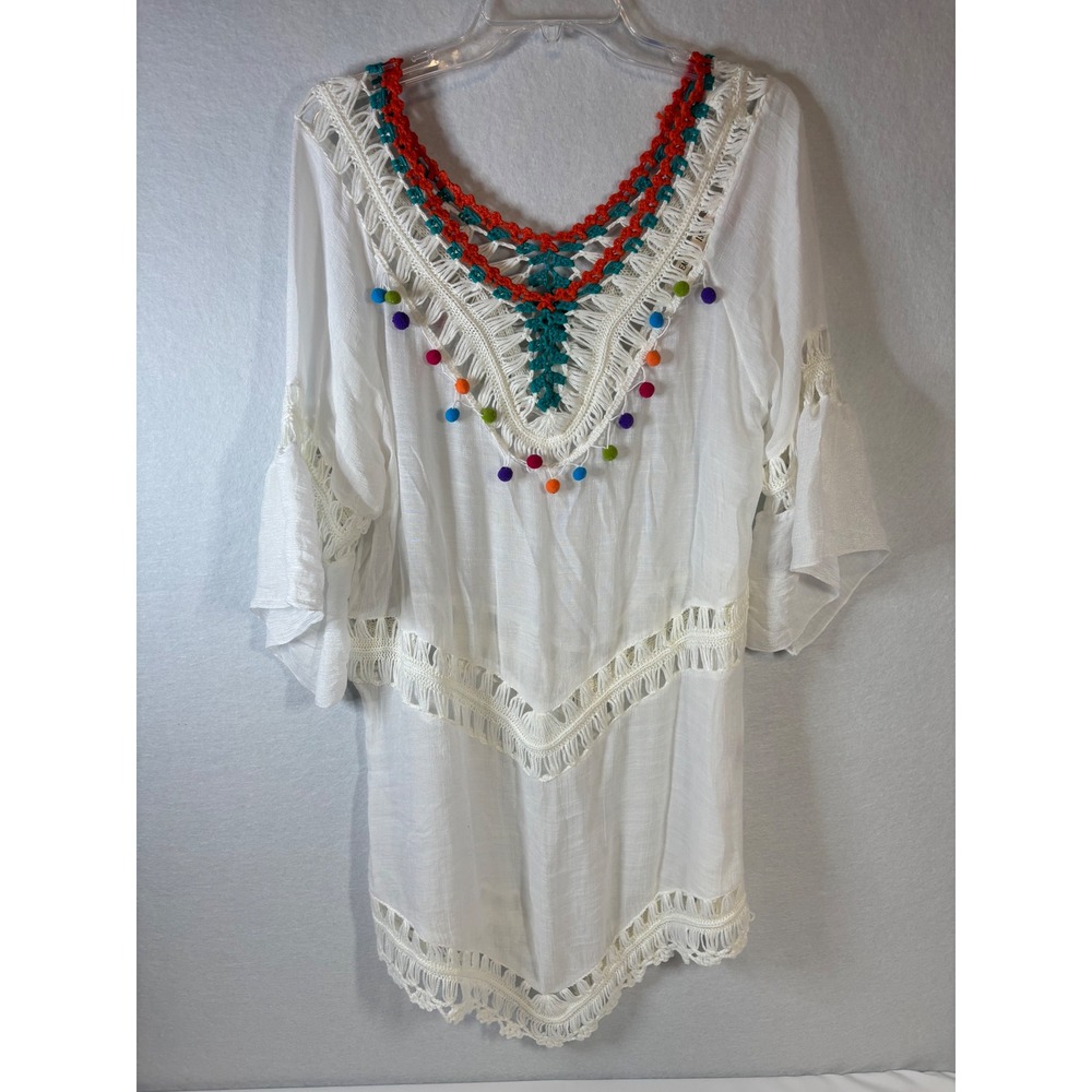 Beach by Exist White Crochet Pom Pom Swim Cover Up Tunic L/XL Boho Bell Sleeve